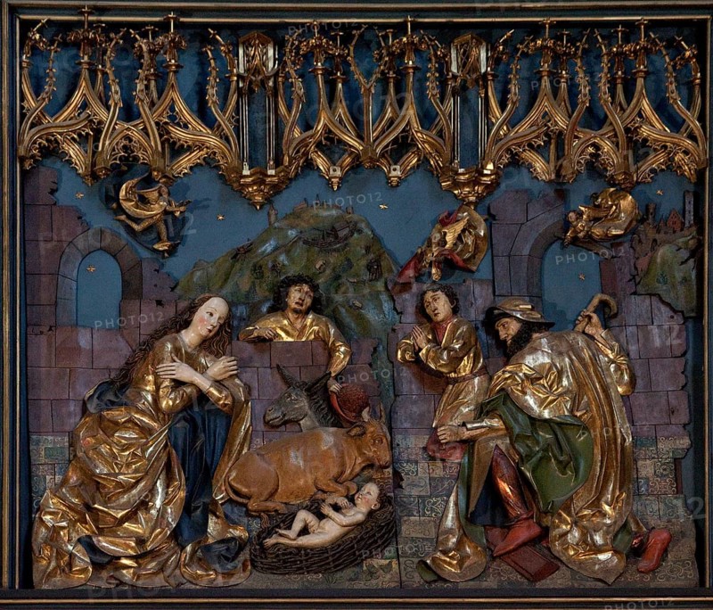 Main altar by Veit Stoß 1477-1489, left wing centre: Nativity of Christ, St., Saint, Saint