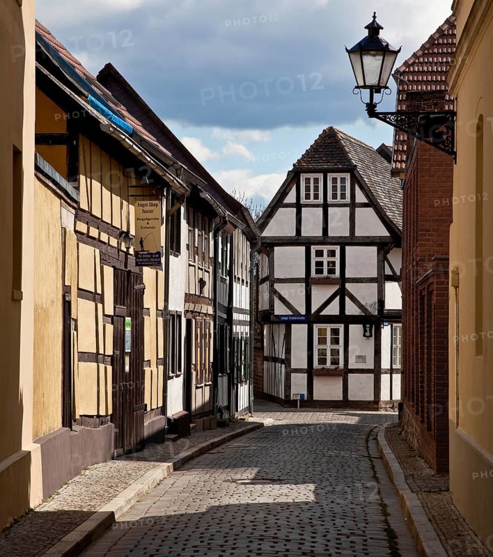 Tangermünde Elbe market street to the south with half-timbered gabled house BUHNENKOPF 74814 built in the 17th century