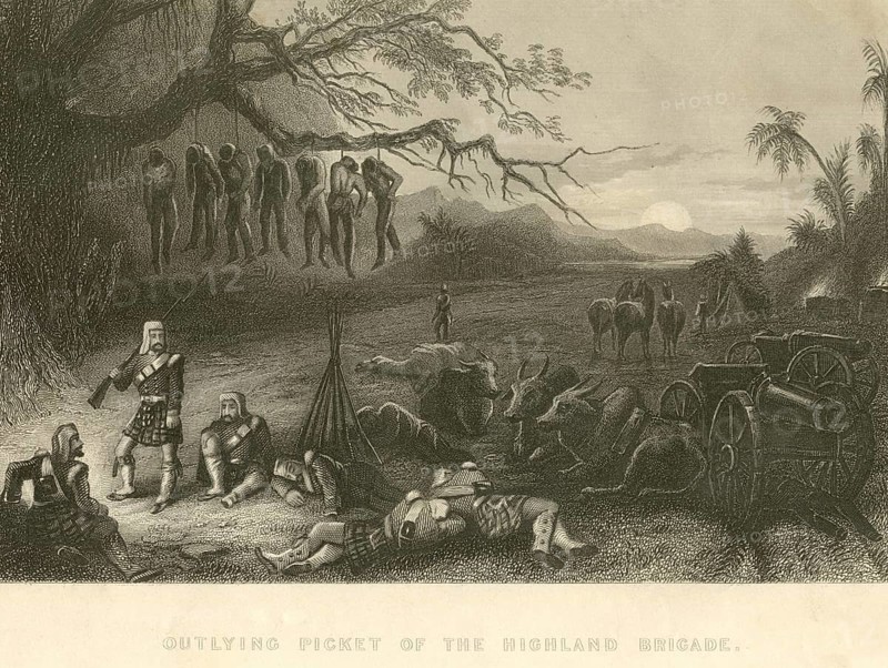 Military and munity mutiny views outlying picket of the highland brigade, India, Asia