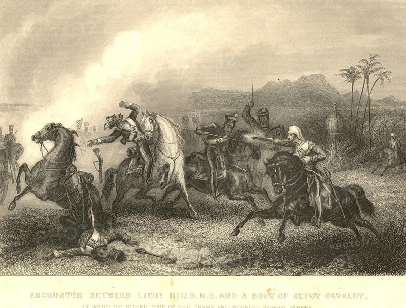 Military and munity mutiny views encounter between Lieut Hills RE and body sepoy soldier cavalry, India, Asia