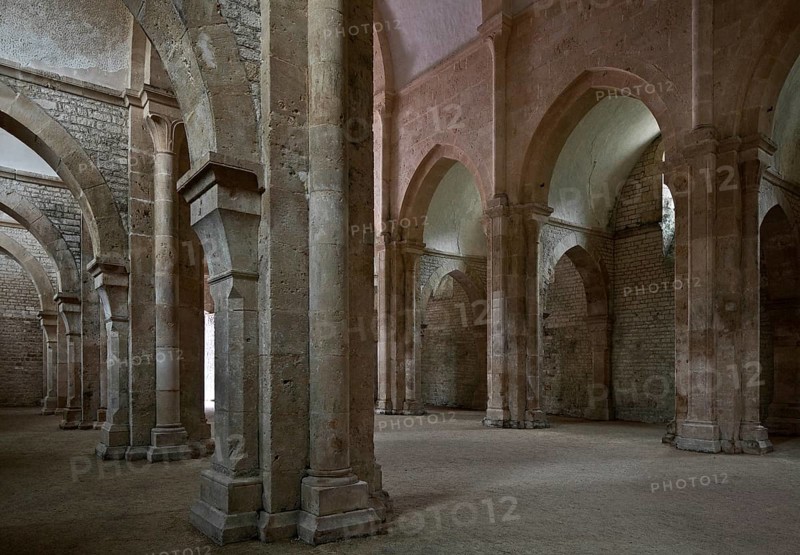 Fontenay Abbey Church Interior. View through the aisles1139-47 built left south aisle facing west right centre aisle and north aisle, St., Saint, Saint