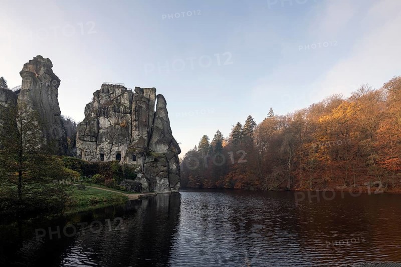 Horn-Bad Meinberg, Externsteine in autumn, view over the Wiembecke pond