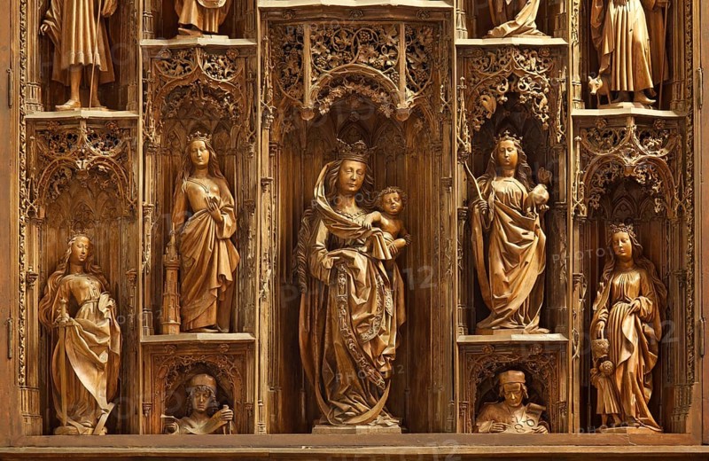 Carved altar, St Catherine, St Barbara, St Mary, St Margaret, St Dorothea, St Saint, Saint