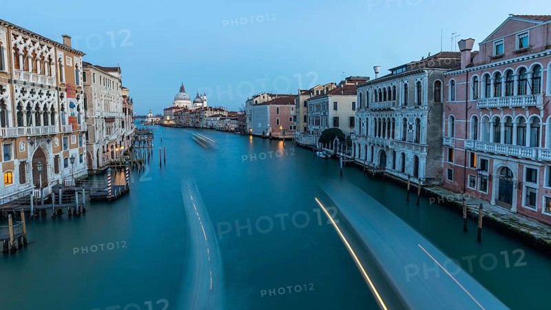 View from the Ponte dell'Academia onto the Grand Canal and the Basilica di Santa Maria Della Salute, light trails, long exposure, Venice, Italy, Europe