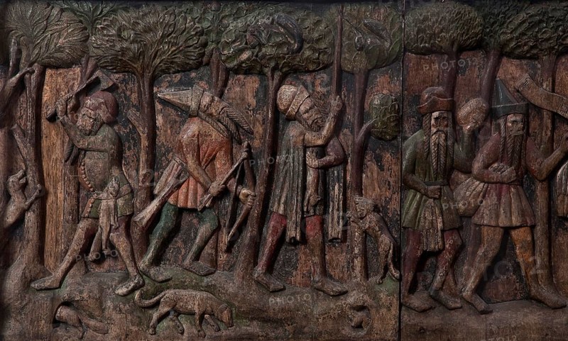 Novgorod rider's chair, relief of Russian fur hunters, 14th century, St., Sankt, Saint