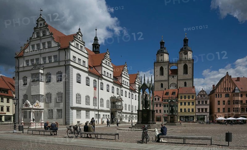 Luther city Wittenberg Market Square 6316 left Town Hall 16th century centre Towers of the town church 13th-16th century on the square Monuments to Melanchton and Luther 19th century