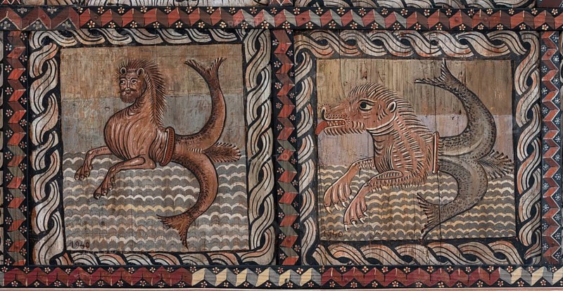 Zillis, village church of St Martin, Romanesque wooden ceiling with biblical depictions, sea monsters and fantasy creatures