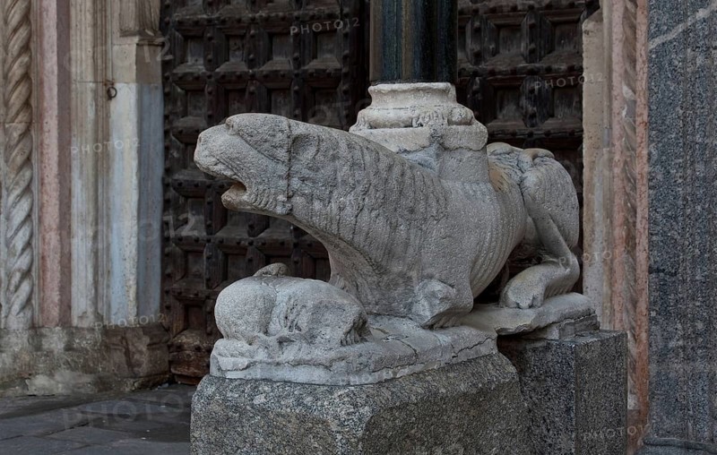 Italy Lodi 89771 Cathedral S Bassiano West portal right column lion 13th century