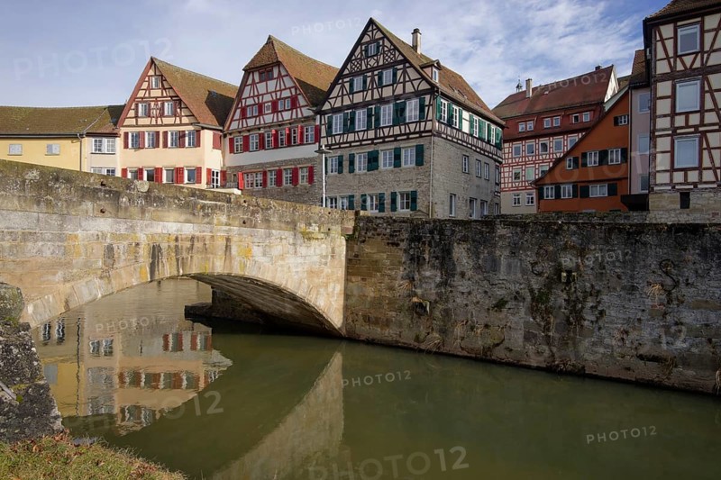 View from Grasbödele to half-timbered ensemble, Schwäbisch Hall, Kochertal, Kocher, Hohenlohe, Germany, Europe