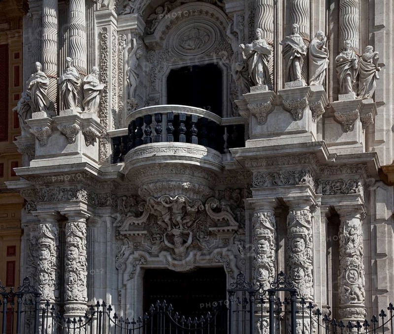 Seville, San Telmo Palace. Façade from 1757, main portal detail with balcony