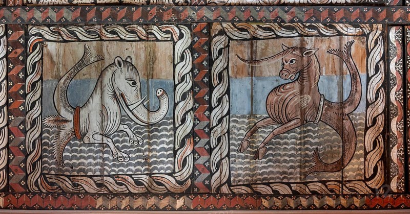 Zillis, village church of St Martin, Romanesque wooden ceiling with biblical depictions, sea monsters and fantasy creatures