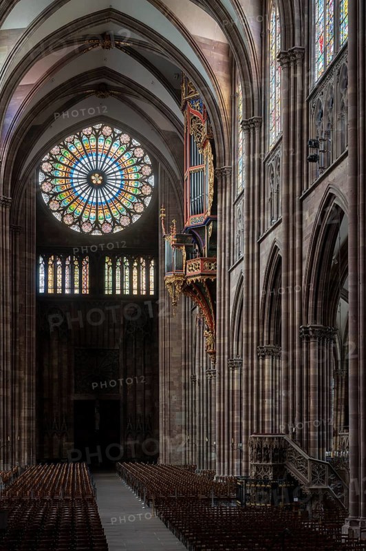 Strasbourg Cathedral, Cathédrale Notre-Dame de Strasbourg, interior, view to the west with the large rose window