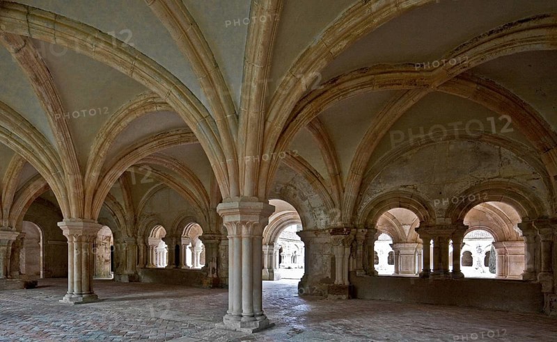 Fontenay former Cistercian monastery chapter house interior with view of the cloister, St., Saint, Saint