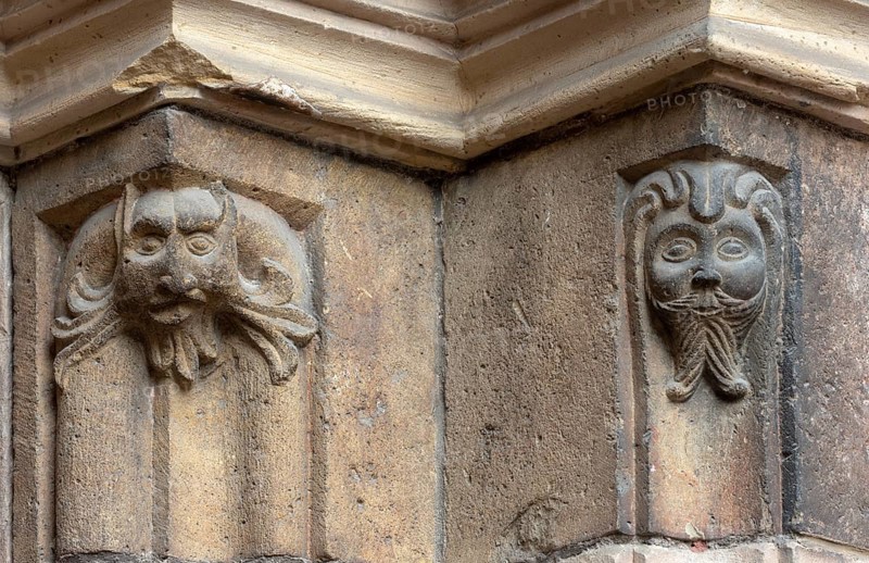 Mainz, St Martin's Cathedral, north side, market portal, detail of mask, bearded man and fantasy creature