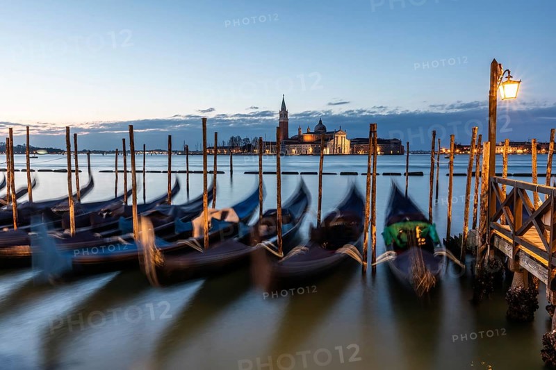 Morning atmosphere in front of sunrise, gondolas, San Giorgio Maggiore church in the background, Venice, Veneto, Italy, Europe