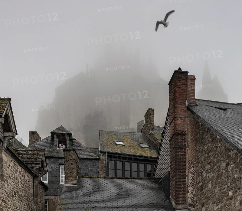 Mont-Saint-Michel, monastery hill, Grand Rue, roofscape above the abbey in the mist