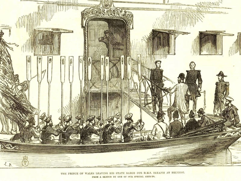 The Prince of Wales leaving his state Brage for HMS Serapis at Brindisi, Italy, Europe