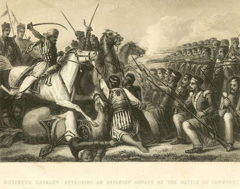 Military mutiny views mutineer cavalry attacking an Infantry Square at Battle of Cawanpore, Kanpur, Uttar Pradesh