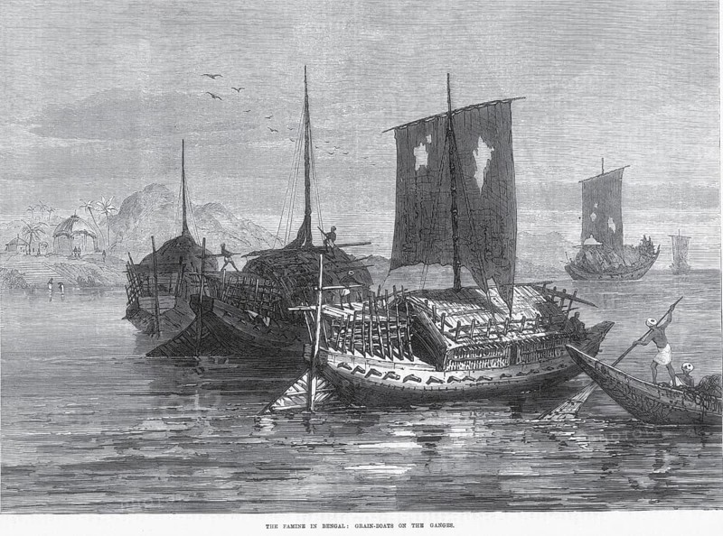 Travel and transport famine in Bengal grain boats on Ganges, India, Asia