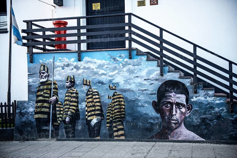 Mural with convicts from the Presidio prison, Ushuaia, Argentina, South America