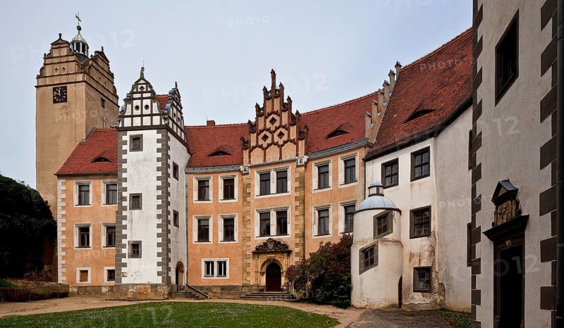 Strehla Saxony Castle 75352 North wing courtyard side late Gothic towers with Renaissance volute gables ochre-coloured parts rebuilt historically in 1890