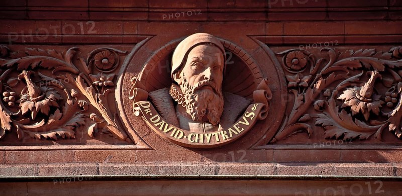 DAVID CHYTRÄUS 1530-1600, portrait relief Rostock University main building. five-time rector theologian historian. The main building was designed between 1866 and 1870 by the Schwerin court architect Hermann Willebrand in the neo-Renaissance style