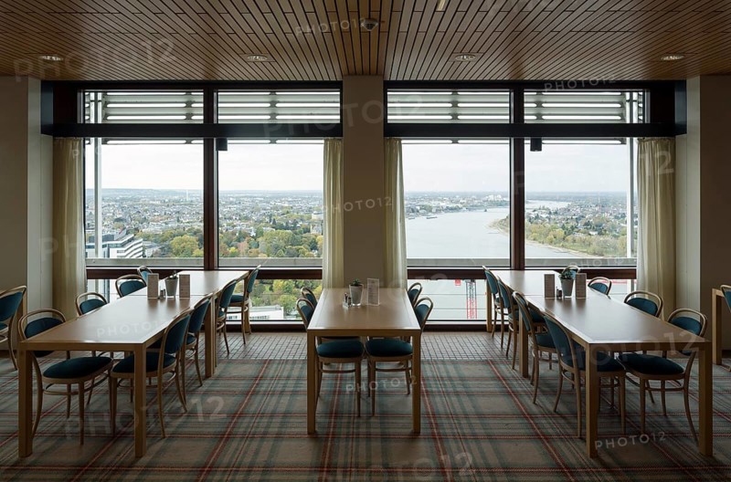 Former high-rise parliament building Langer Eugen, built 1966-1969 by Egon Eiermann, today headquarters of United Nations organisations, restaurant/cafeteria on the top floor, view of the Rhine