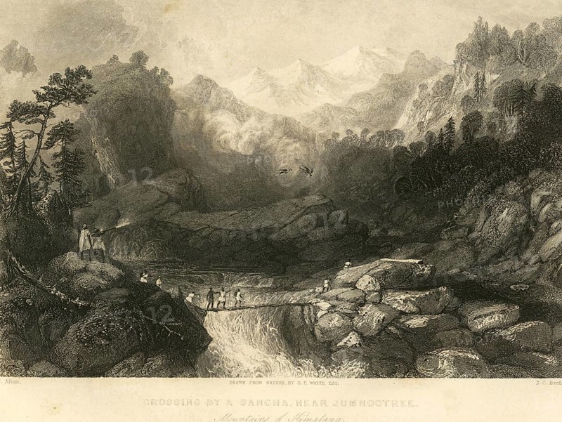 Lithographs Crossing by Sancha near Jumnootree Jamunotri Yamunotri Mountains of Himalaya, Uttaranchal, India, Asia