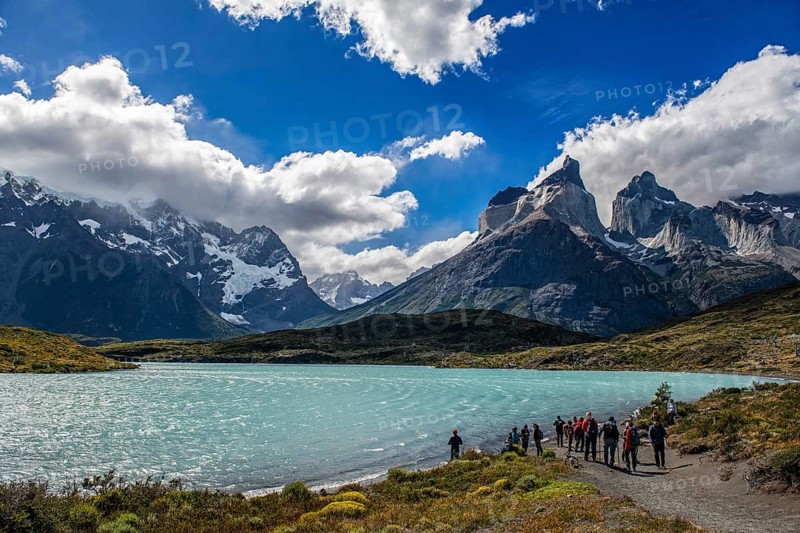 Trekker at Lago Nordenskjöld, Cuernos del Paine, Torres del Paine National Park, Patagonia, Chile, South America