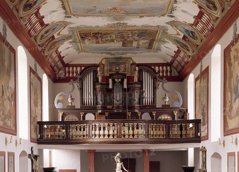 Former Cistercian nunnery Himmelthal in Spessart. Founded in 1232, the present church dates from 1753 and is now the Elsava School. The baroque organ loft, St., Sankt, Saint