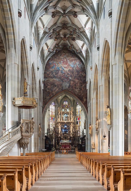 Überlingen, parish church of St Nicholas, view to the east, wall above the choir arch with fresco (The Last Judgement) by Jacob Carl Stauder 1722