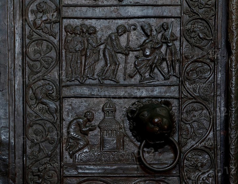 Bronze door from around 1175, top: St Adalbert receiving the crosier, bottom: Prayer at the tomb of the martyrs, St, Saint, Saint