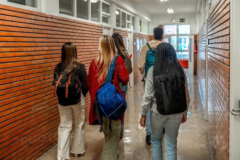 Group of diverse high school or university students walking down school hallway between classes
