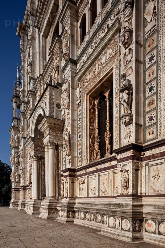 Italy Certosa di Pavia 89754 Monastery church Madonna delle Grazie begun by the Visconti 1396 consecrated 1497 west façade completed 1549 oblique view
