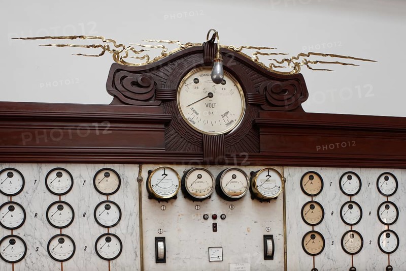 Turbine hall, control centre (control room) for controlling the generators, marble control panel with dial gauges
