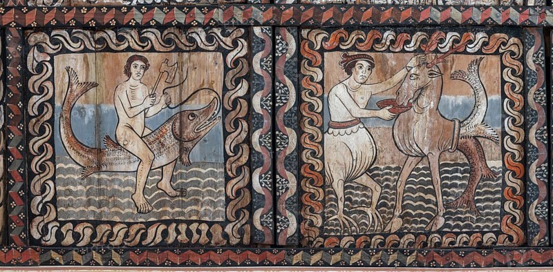 Zillis, village church of St Martin, Romanesque wooden ceiling with biblical depictions, sea monsters and fantasy creatures