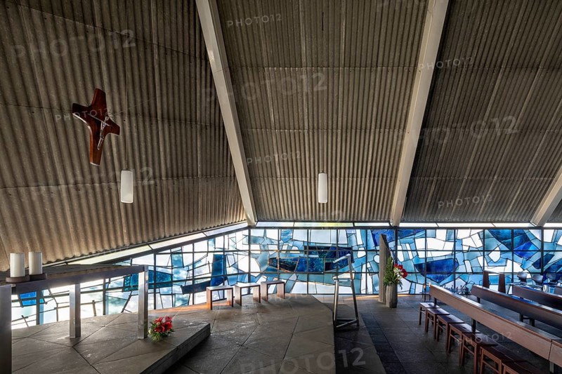 Krefeld, portable tent church St Hubertus, built in 1959 by Heinz Döhmen, stained glass windows by Hubert Spierling