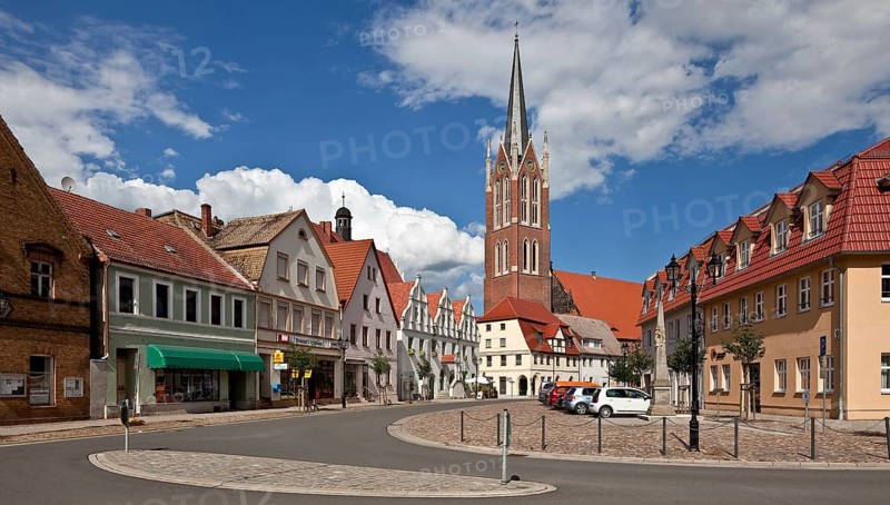 Kemberg market 88112 with town hall 16th century and town church 15th century tower 1856-59 by Friedrich August Ritter