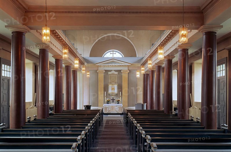 Built from 1829 to 1833 to designs by the Danish state architect Christian Frederik Hansen, interior view to the east, altar wall and lunette, St., Sankt, Saint
