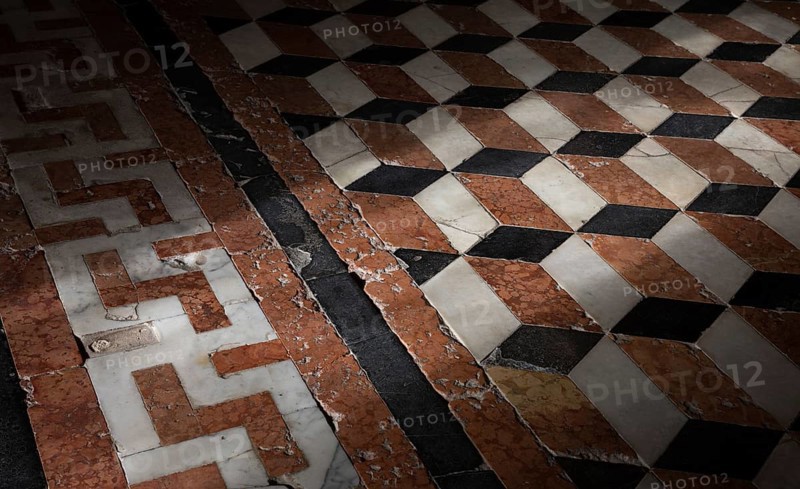 Italy Venice Zanipolo Church -291 coloured marble inlaid floor with ashlar pattern and swastika meandering