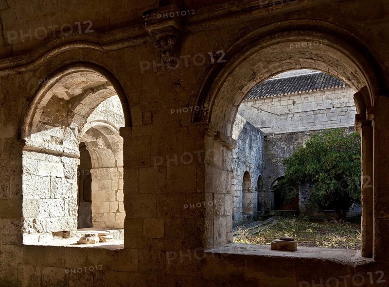 Cistercian monastery founded in 1144, church built 1175-1220, view through two cloister arcades southwards to the church, St., Sankt, Saint