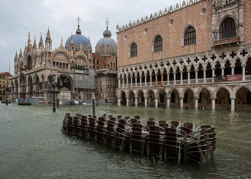 Italy Venice Piazzetta -146 View of the Doge's Palace and St Mark's Basilica from the south at high tide
