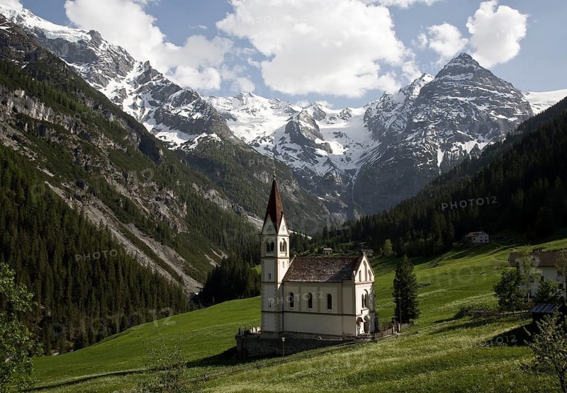 Italy S-Tyrol Trafoi am Stilfserjoch Village church in front of Ortler group Portrait, St., Saint, Saint