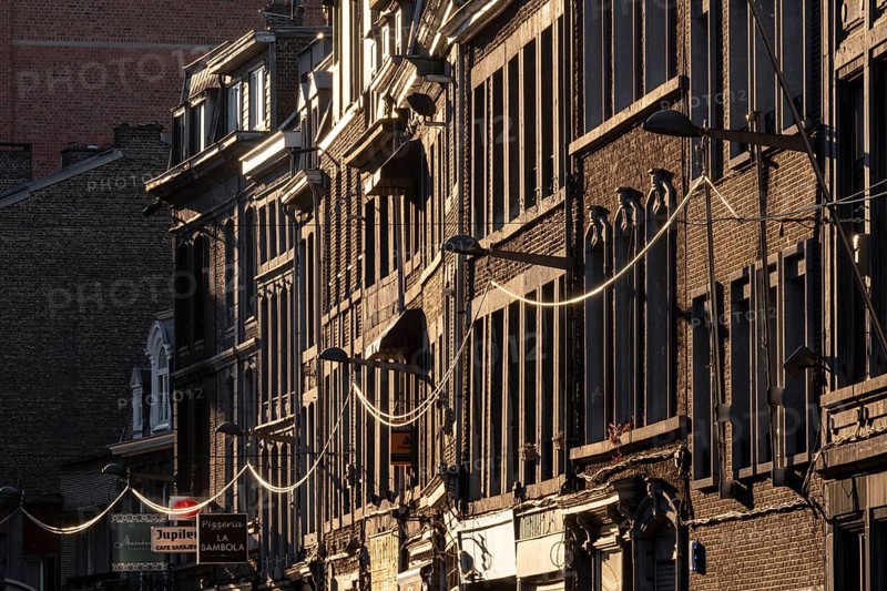 Liège, houses in the old town centre against the light