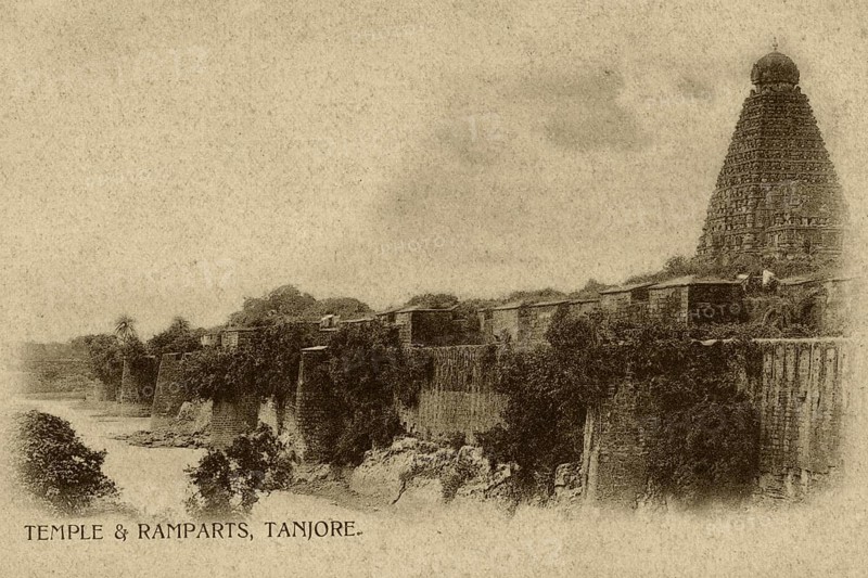 Heritage, old picture postcard, temple & Ramparts, World Heritage Site, Tanjore, Tamilnadu, India, Asia