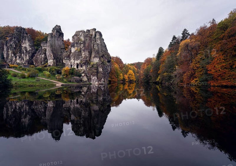 Horn-Bad Meinberg, Externsteine in autumn, view over the Wiembecke pond