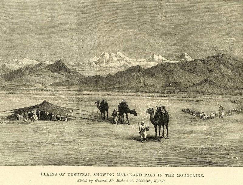 Plains of Yusufzai, showing Malakand pass in the mountains, India, Asia