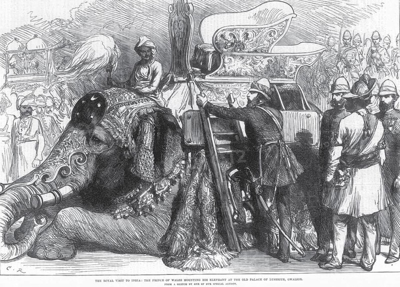 Royalty on Tour Royal visit Prince of Wales Mounting his Elephant at the Old Palace of Lushkur, Gwalior, Madhya Pradesh