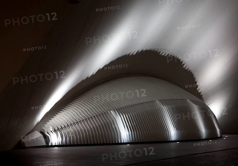 City of Arts and Sciences (cat./val. Ciutat de les Arts i de les Ciències), cinema L'Hemisfèric (el Hemisférico en castellano), architectural detail in nocturnal illuminatiom