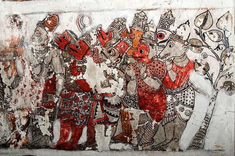 Murals depicting Ramayana and Mahabharat on ceiling in Chennakeshavaraya temple, Adiyamankottai near Dharmapuri